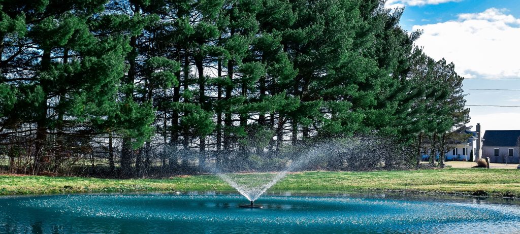Pond fountain operating in a pond where people and pets should stay out of the water
