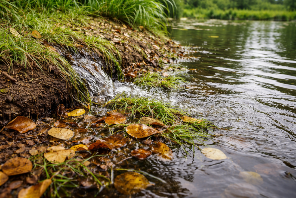 Rain runoff carrying leaves and grass clippings into a pond along the shoreline.