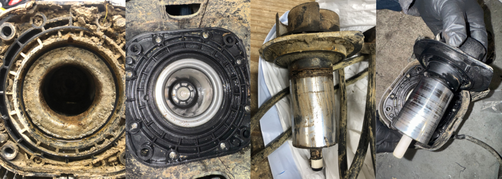 Pond fountain pump components before and after cleaning showing removal of debris and mineral buildup