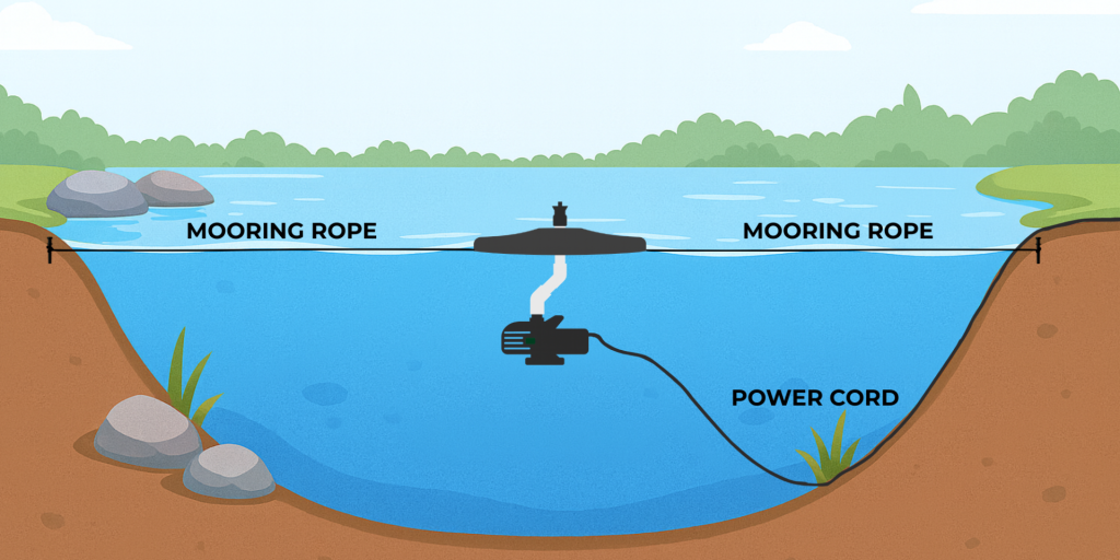 Floating pond fountain secured with two shoreline mooring ropes attached on opposite sides for balanced tension.