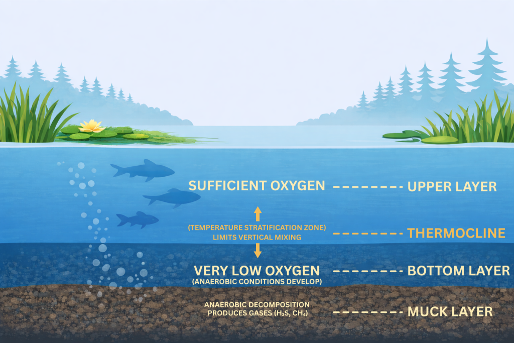 Diagram of pond stratification showing upper oxygen-rich layer, thermocline limiting vertical mixing, low-oxygen bottom layer, and muck accumulation producing hydrogen sulfide and methane.