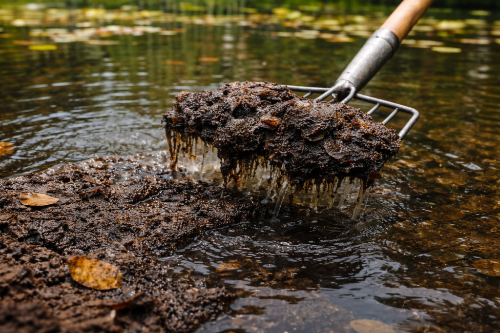 Close-up of dark organic pond muck made up of decomposing leaves and sediment being lifted from shallow water.