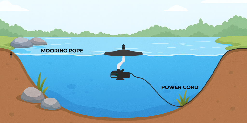 Floating pond fountain secured with one shoreline mooring rope and power cord resting along the pond bottom.