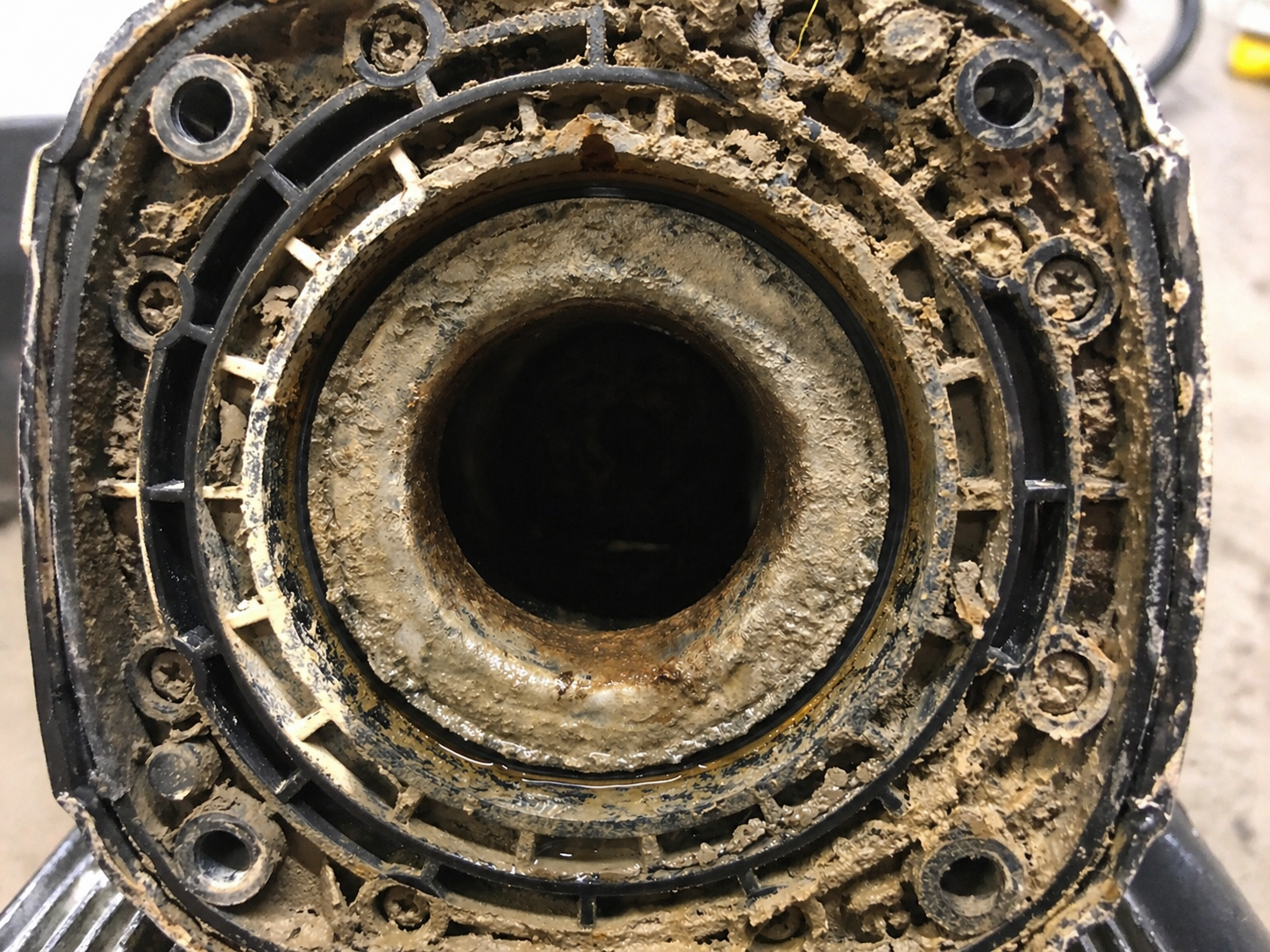 Heavy mineral buildup inside pond fountain pump housing restricting water flow