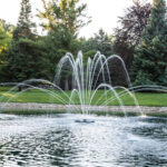 Airmax EcoSeries Double Arch Premium Fountain Nozzle creating a two-tier spray pattern with inner and outer arches