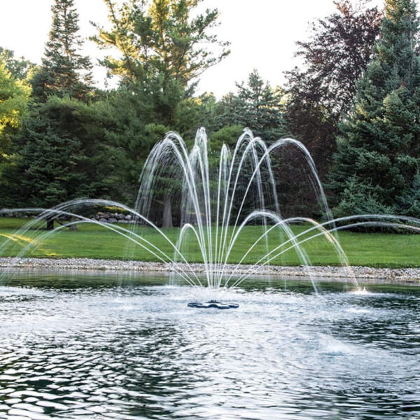 Airmax EcoSeries Double Arch Premium Fountain Nozzle creating a two-tier spray pattern with inner and outer arches